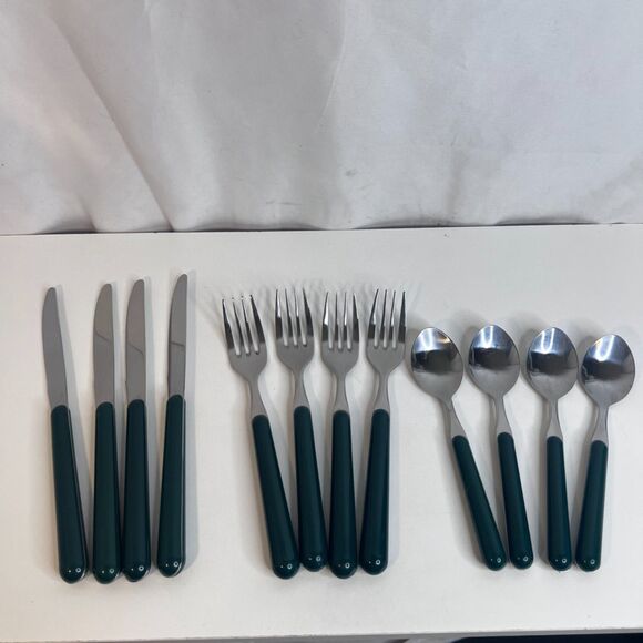 12 PC Stainless Flatware Silverware Dark Green Plastic Handle Place Setting--4 - Picture 9 of 10